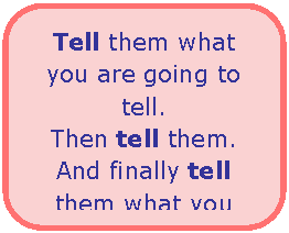 Afgeronde rechthoek: Tell them what you are going to tell.
Then tell them.
And finally tell them what you told them.

